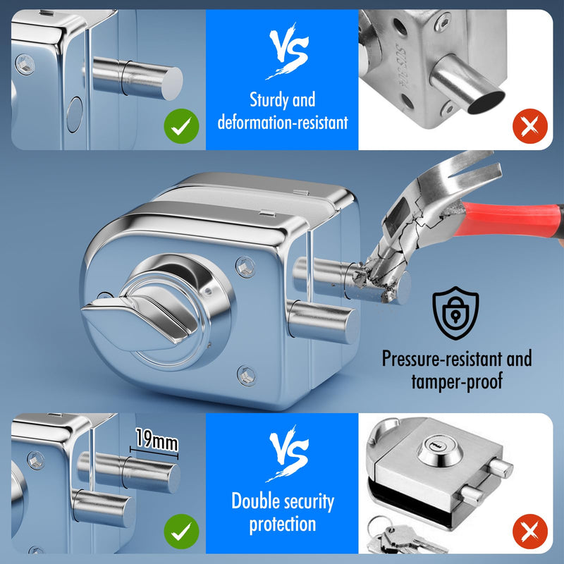 Ranbo Swinging Glass Door Latch Lock No Drilling 304 Stainless Steel Gound Bolt Lock for 3/8-1/2 Inch(10mm-12mm) Exterior and Interior Frameless Sliding Glass Door with 2 Keys, Polished Chrome LE-30A-Polished