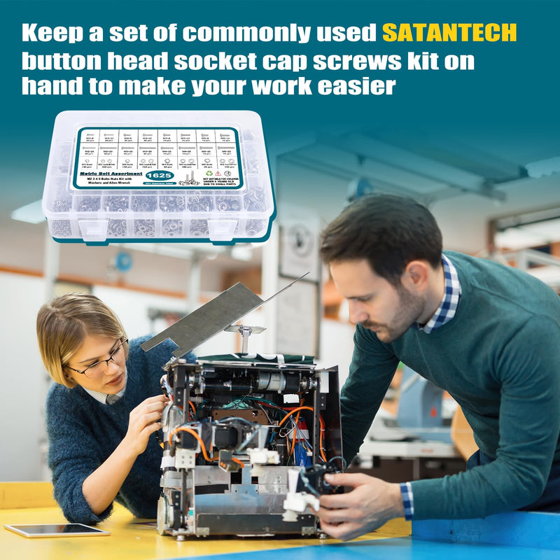SATANTECH 1625Pcs M2 M3 M4 M5 Metric Screw Assortment,304 Stainless Steel Metric Bolts and Nuts Assortment Kit,Hex Socket Button Head Metric Machine Screws with Flat and Lock Washers Silver Hex Button Head Screw kit