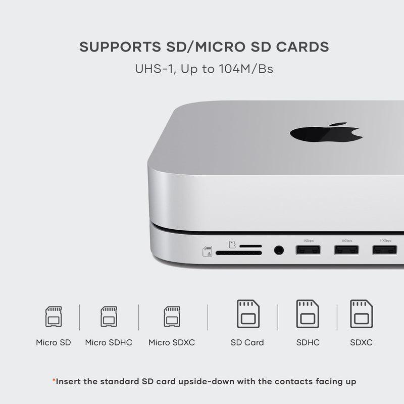 Satechi Mac mini Hub & Stand with SSD Enclosure for NVME/SATA M.2, Mac mini Dock with USB C 10Gbps, 3 USB A 5/10Gbps, 2.0 Audio Jack, for Mac Studio, Mac mini M2/M1 (Not Compatible with M4) - Silver NVMe SATA SSD