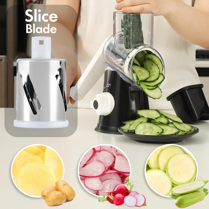 Cheese Grater Hand Crank, Rotary Vegetable Shredder with Handle and Strong Suction base, 3 in 1 Kitchen Speed Spin Veggie Slicer Nut Grinder for Pizza Top, Hash brown, Salad and More (Black) Stainless Steel + Plastic (BPA Free) Black