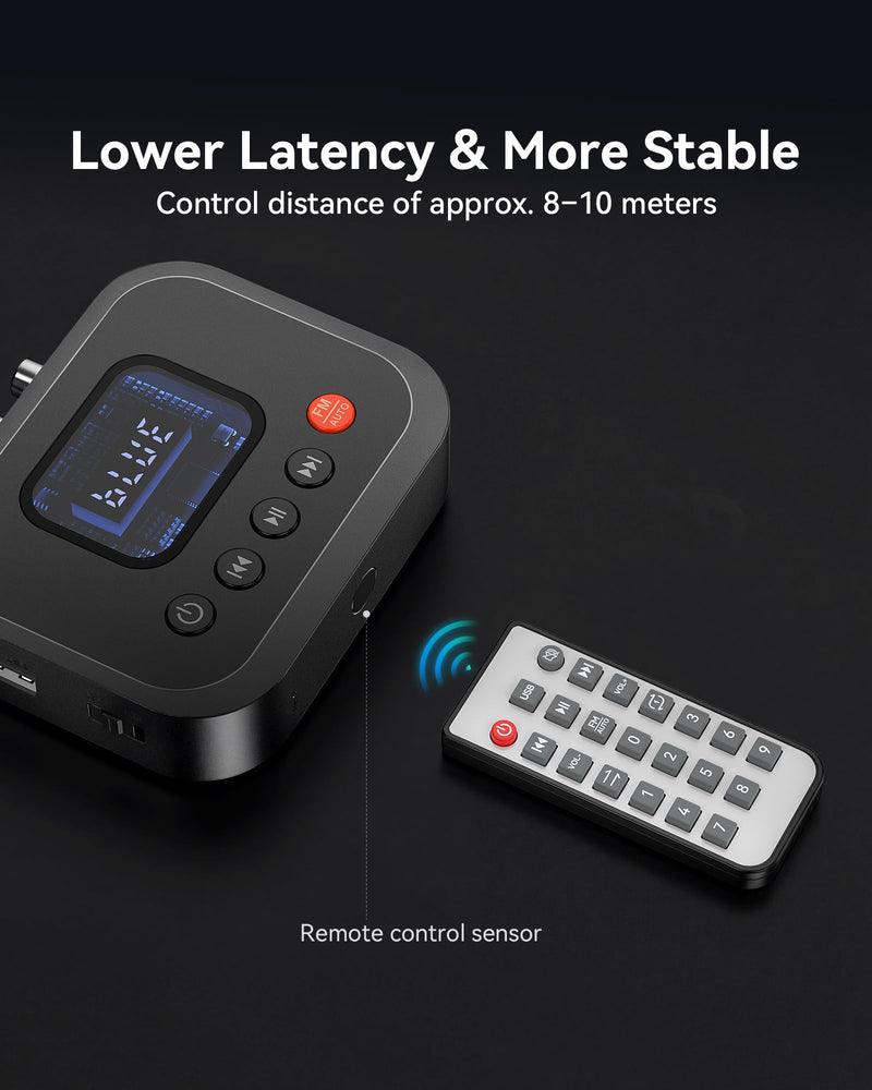 Bluetooth 6.0 Audio Receiver, 3-in-1 Wireless Adapter with FM Radio, U-Disk Playback, HD LED Display, Remote Control, Dual Output, Long Battery, Wireless Upgrade for Home Amplifier & Wired Speakers