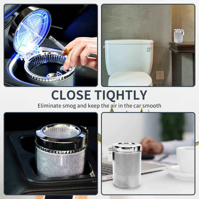 Car Ashtray (2-Pack), Auto Ashtray With LED Light, Mini Car Trash Can, Portable Lid, for Car cup holder, Home , Office and Travel(Silver)