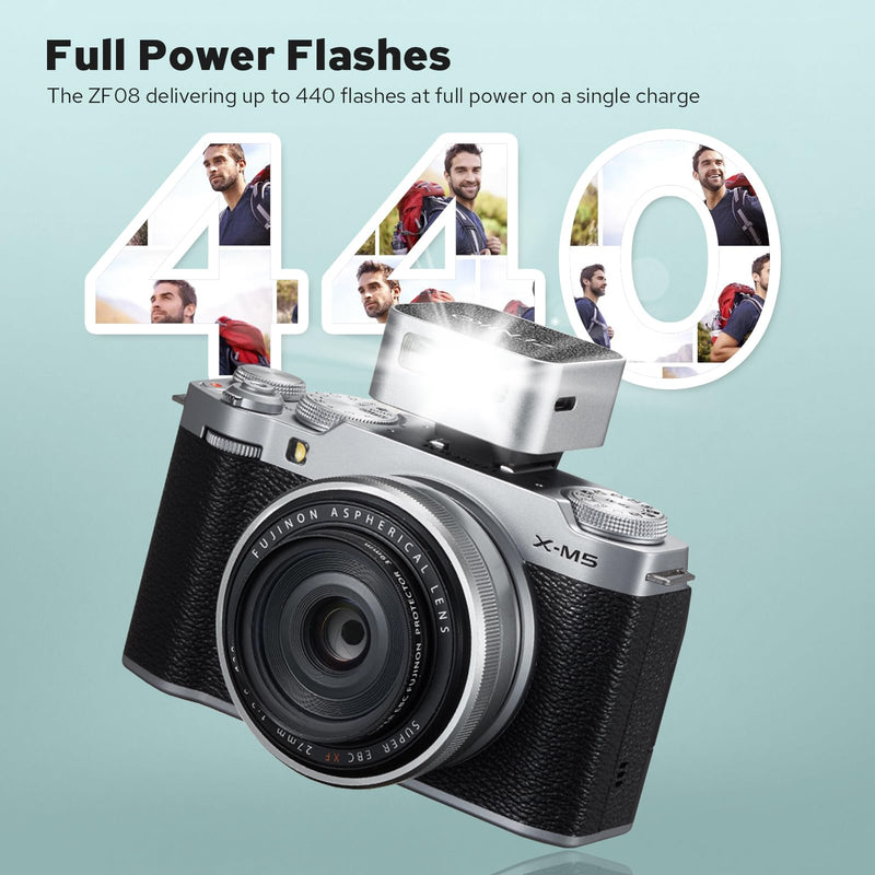 Zeniko ZF08 Aluminum Mini On‑Camera Flash for Canon Nikon Sony Fuji(Silver) | 440 Full-Power Mini Speedlite,Universal Hot Shoe, 470mAh Battery, CCT 6500K±200K, Travel Vlog Portrait Photography Accessory Silver
