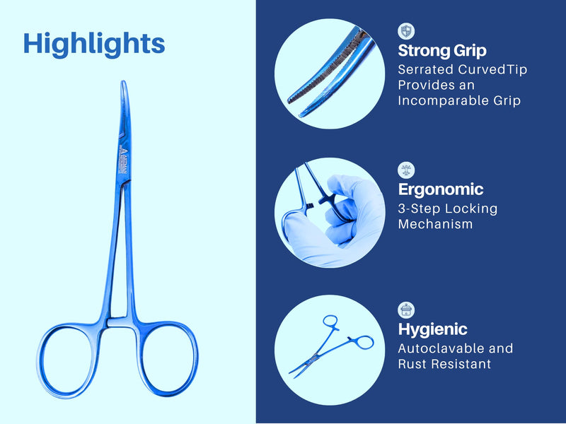 ARTMAN INSTRUMENTS Hemostat Forceps Curved & Straight 5” – Stainless Steel Locking Clamps for Fishing, Fly Tying, Crafts, Dental & Medical Use Serrated Jaws, Precision Grip Blue Plasma (2 Pack)