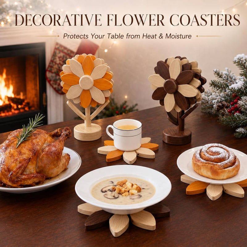 Sunflower Trivets for Hot Dishes, 5Pc Wooden Tree Trivet Stand Set | Flippable wooden sunflower petals expand 5.5 to 6.69 in - trivet & coaster in one, doubles as countertop decor Walnut & Beech Wood