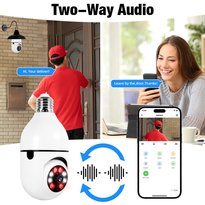 2K Light Bulb Camera Outdoor 2 Packs, 2.4GHz Wi-Fi Wireless Light Bulb Security Camera with 2 Way Talk, Color Night Vision, AI Human Detection, E27 Screw in Light Socke（2P） 1 2P-White