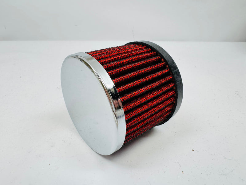 3" Washable Reusable Chrome Steel Push In Filter Breathers. Rubber base. With Silver/Red/Black washable filter. Fit 1.25" Vlave cover Chevy Ford Mopar SBC BBC (Red) Red