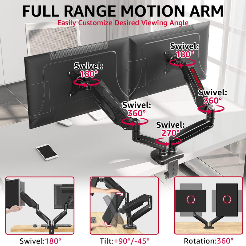 Redragon GMK915 Dual Monitor Mount Stand - Gas Spring Adjustable Arms with VESA 75/100mm, 13-32 Inch Screen Compatibility, C Clamp & Grommet Base, Cable Management, 17.6lbs Load Capacity Up to 32" Screens