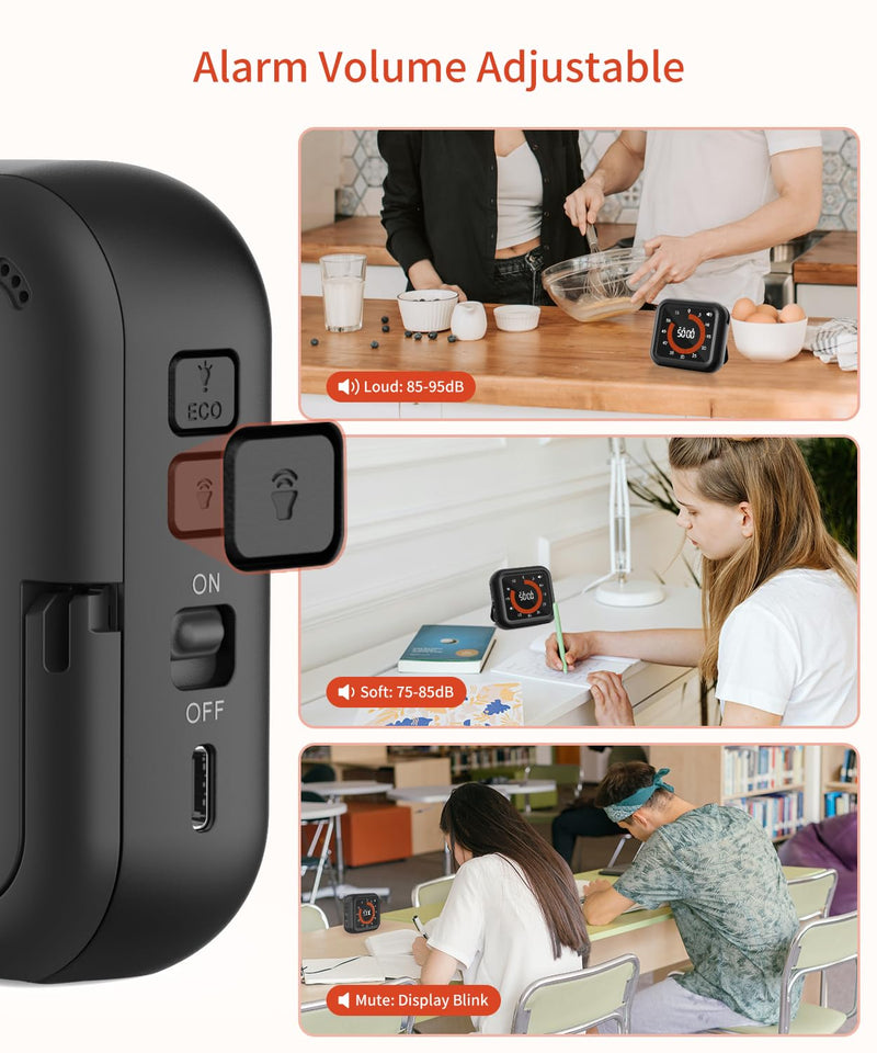 Digital Visual Timer - Large Display Magnetic Countdown Timer with Adjustable Volume and Brightness, 11H59M Memory Function for Kitchen, Classroom, Study Time Management, Seniors & Teachers Black