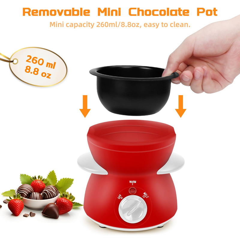 Mini Chocolate Melting Pot, Chocolate Fondue Fountain, 8.79OZ Warmer Machine for Milk Chocolate, Cheese, Butter, Candy (Red) Red