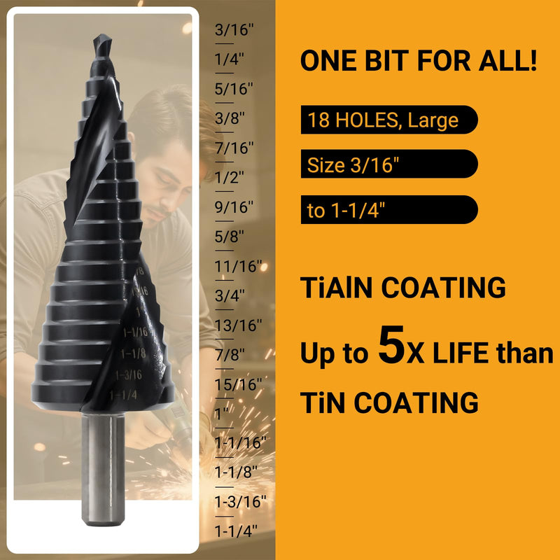 M35 Cobalt HSS Step Drill Bit, Nano TiAlN Coating with Spiral Flute, 18 Steps 3/16"–1-1/4", 3/8" Tri-Flatted Shank for Stainless Steel, Metal, Wood & Plastic Black