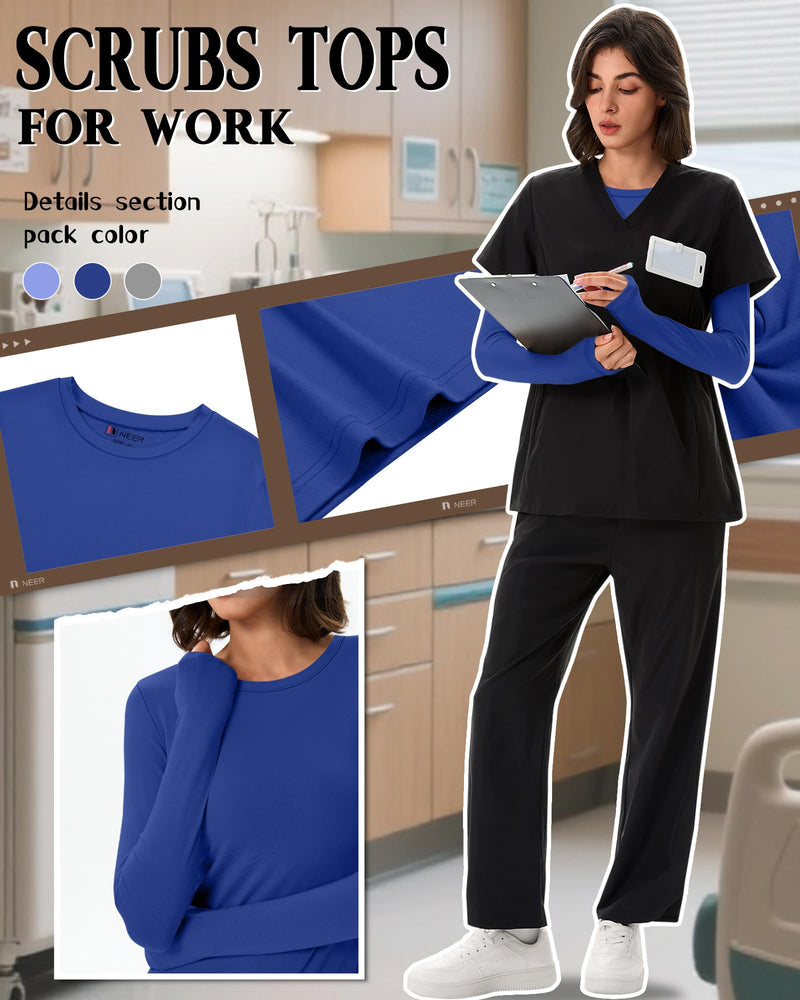 Neer 3 Pack Womens Underscrub Shirts Long Sleeve Crewneck Tops Fitted Layering Clothes Comfort Knit Tops for Nurse Royal Blue, Periwinkle, Light Mixed Gray Small