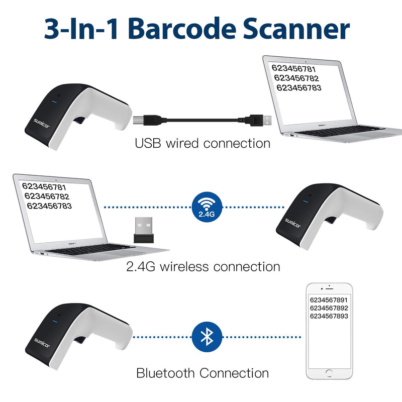 Sumicor 2D Barcode Scanner, White Black Handheld Bar Code Scanner 3 in 1 USB Wired & 2.4G Wireless & Bluetooth QR Code Micro PDF417 1D Barcode Scanner with Vibration