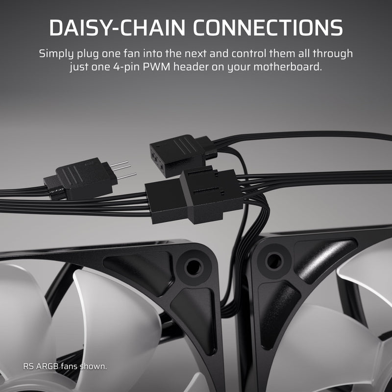 CORSAIR RS120 120mm PWM Fans – Daisy-Chain Connection – Low-Noise – Magnetic Dome Bearing – Triple Pack – Black Non-ARGB 3 x 120mm