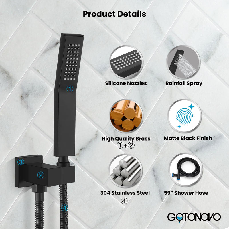 gotonovo Wall Mount Solid Brass Matte Black Bathroom System Square Hand Held Shower Head With Wall Connector and Hose Set Handheld Combo Set