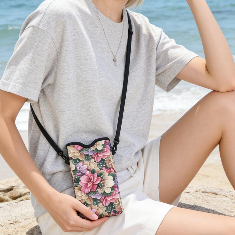 NICENEEDED Neoprene Phone Sleeve Pouch, Floral Cell Phone Case Bag with Crossbody Strap Neck Lanyard, 4 x 7.9 Inch Colorful Flower Cell Phone Bag for Women
