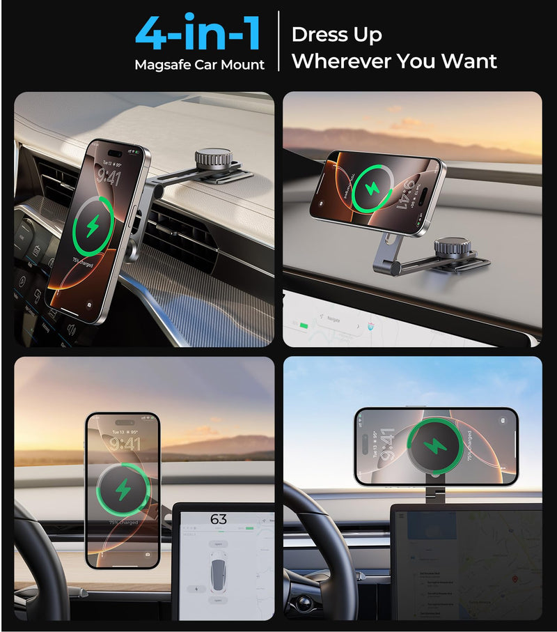 Tesla Phone Mount Qi2 Charger for iPhone MagSafe 【Hidden Foldable Design】 15W Wireless Charging, Universal Car Magnetic Dashboard Phone Holder, Tesla Model 3/Y/Cybertruck Accessories Screen+Charger