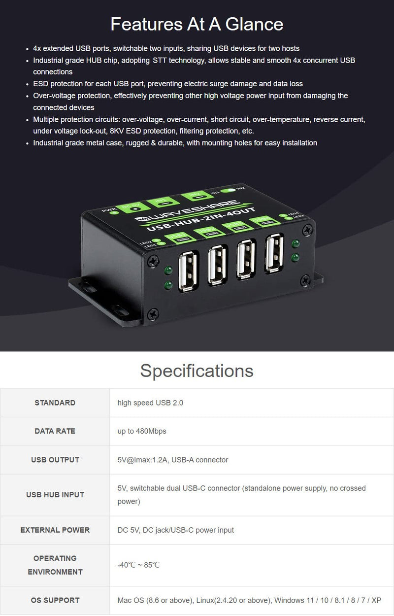 Waveshare Industrial Grade USB HUB Extending 4X USB 2.0 Ports Switchable Dual Hosts Sharing USB Devices for Two Hosts