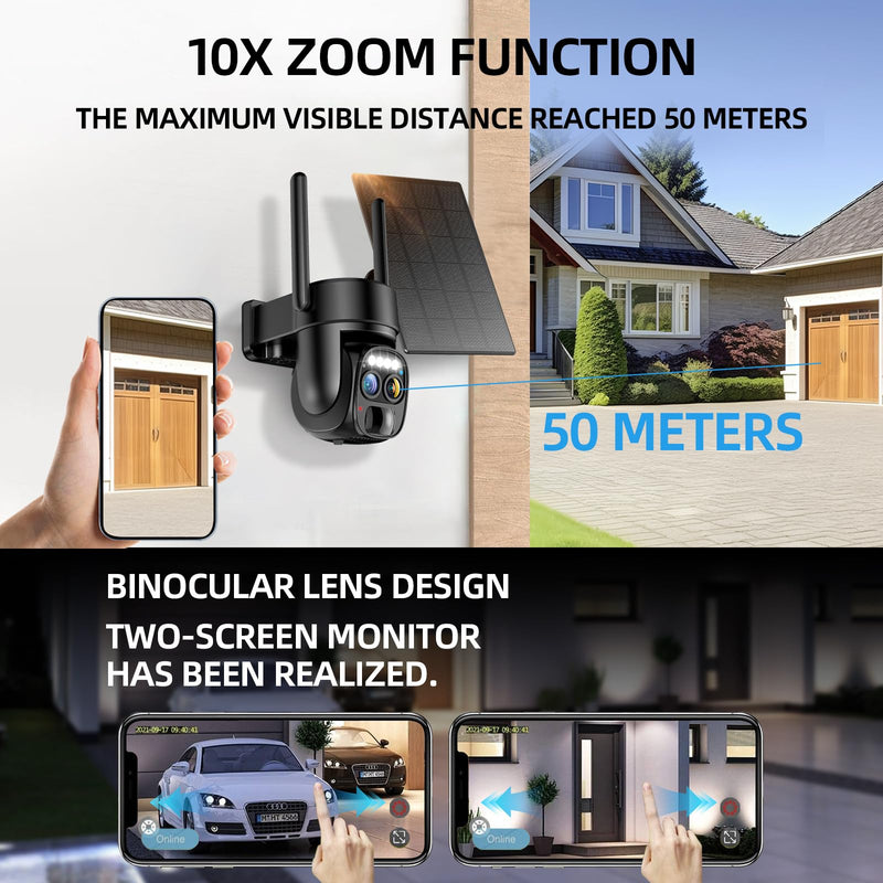 Hawkray Pannel Solar Wireless Outdoor Security Camera， Dual-Lens, 10xZoom, 2K Resolution 3MP 360°Pan/Tilt，2.4&5G WiFi Battery Powered Camera with Spotlight Alarm PIR Motion Detection solid black
