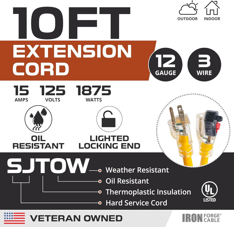 Iron Forge Cable Oil Resistant 12 Gauge Outdoor Extension Cord 10 ft with Locking Ends - 12/3 Heavy Duty Extension Cord Outdoor 3 Prong, Yellow Cable 15 Amp