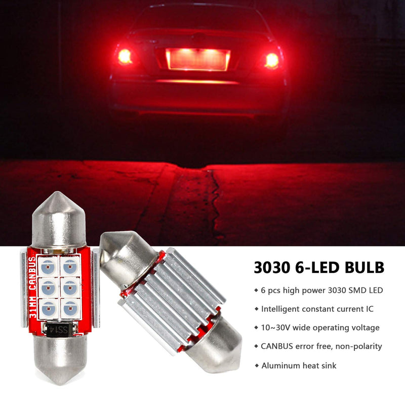 PHINLION Super Bright DE3021 LED Red Bulb 3030 6-SMD Festoon 1.25" 31mm DE3175 DE3022 Miniature LED Bulbs for Car Interior Door Map Dome Trunk Courtesy Light, Pack of 4