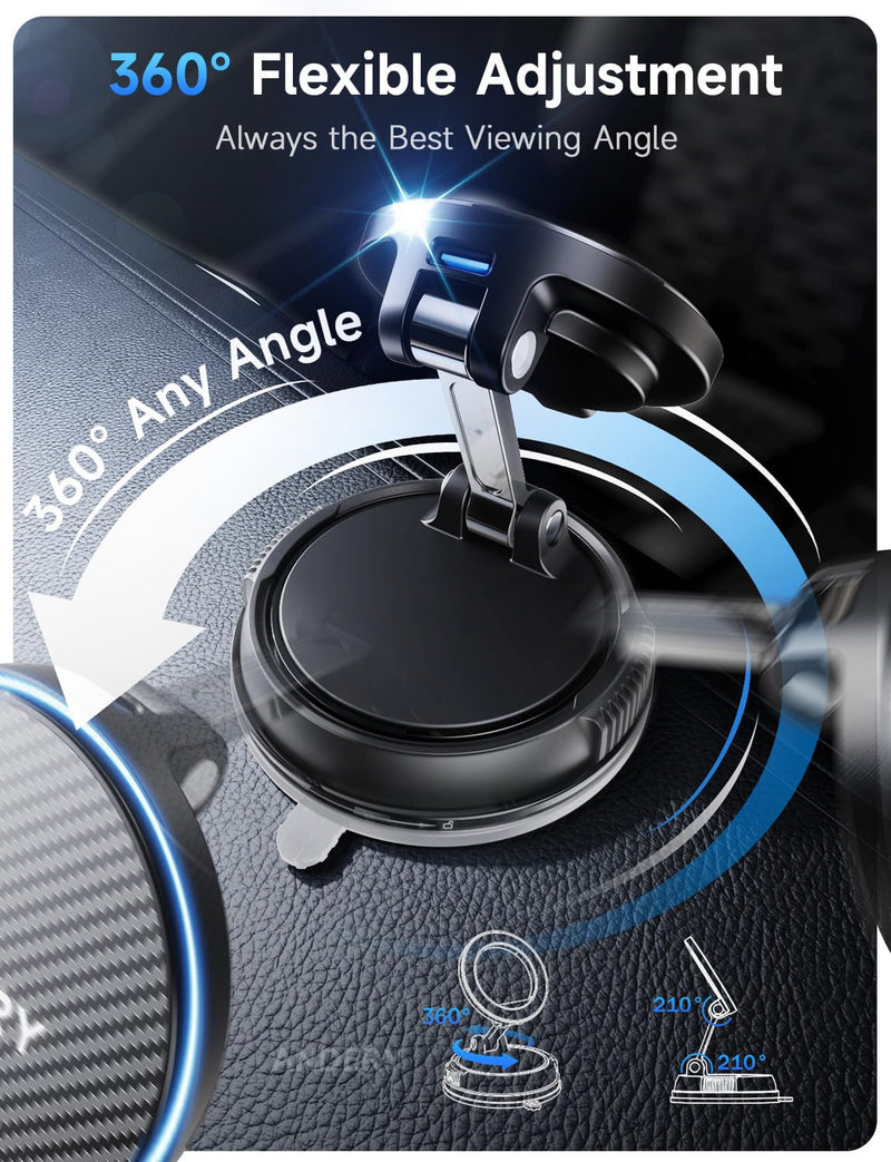 ANDERY Only for iPhone Magsafe Car Mount Charger, 15W Fast Wireless Charge | [78+LBS Strong Suction & 2400gf Magnetic] 360° Adjustable Car Mount Phone Holder, Car Interior Accessory with Dashboard Pad Carbon Fiber