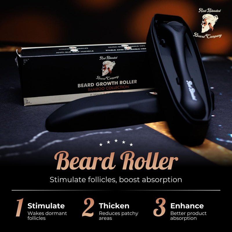 Red-Blooded Beard Roller, Derma Roller, Microneedling Roller, Beard Growth | Also called a dermaroller, this 0.5mm microneedle roller for hair growth supports thicker, fuller beard regrowth for men.