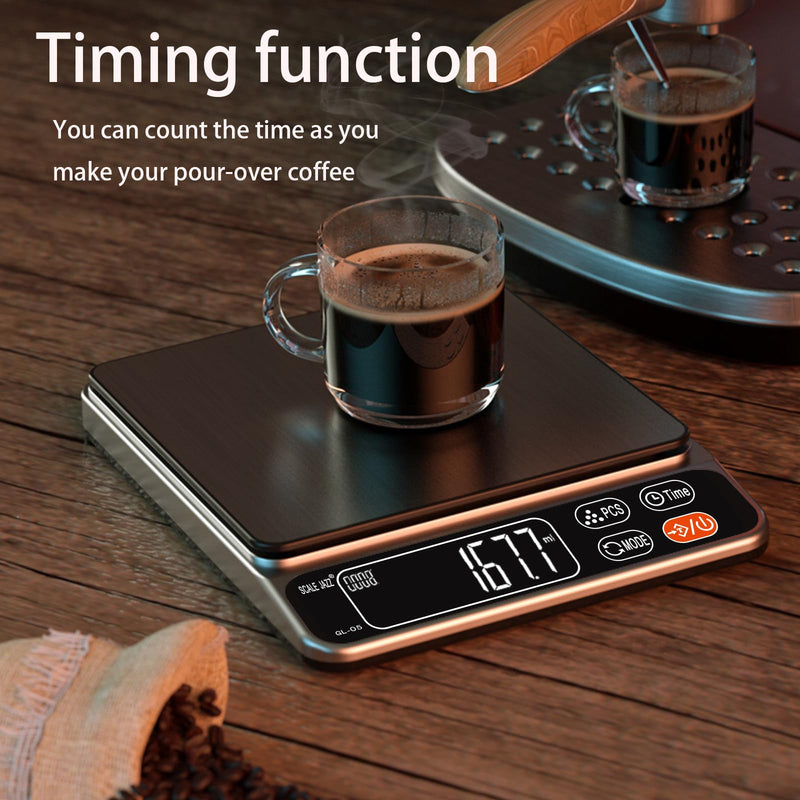 Food Scale,5kg/11lb Digital Kitchen Baking Scale Grams and Ounces for Cooking Coffee Meal prep Packages Weight Loss,0.1g high Precision,7Units with Timer, Easy Clean Stainless Steel Silver L