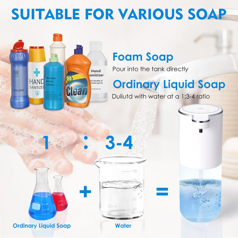 Automatic Foaming Soap Dispenser, Touchless Foam Hand Soap Dispenser for Bathroom, 4-Level Adjustable,13.5oz/400ml, Wall Mounted, Rechargeable White+transparent