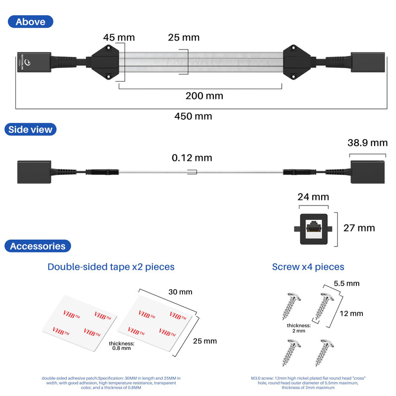 Flat Ethernet Extension Cable for Window＆Door (1.47ft/0.45m), No-Drill Female to Female Ethernet Extender for Narrow Gaps (Support POE), Ultra Thin Extended Connector for CAT6A, CAT7A 1 Pack