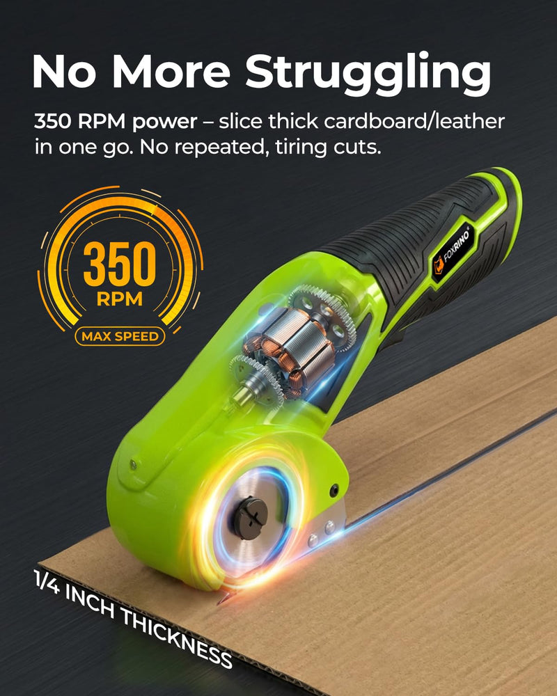 Foxrino Cordless Electric Cardboard Cutter & Power Scissors, 350RPM High-Torque Motor, 3 Alloy Steel Blades for Thick Cardboard - Heavy Duty Box Cutter, Practical Gift for Him Dad Father Day