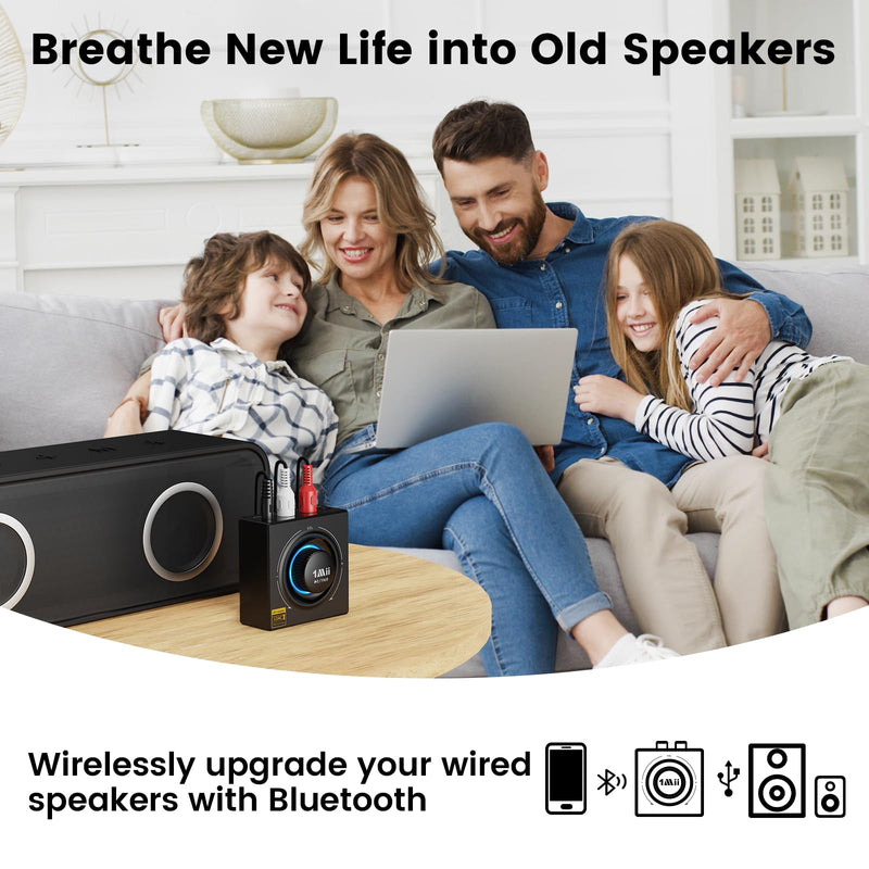 1Mii B06T3+ Bluetooth Receiver with LDAC for Home Stereo, Wired Speakers | Hi-Res Wireless Audio Adapter with aptX Low Latency & HD, Knob Volume Control, RCA/3.5mm AUX for Music Streaming