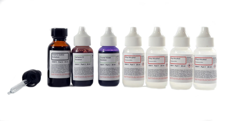 Gram Stain Kit, 7 Dropper Bottles - Crystal Violet, Safranin O 1.0%, Potassium Iodide 1.85%, 95% Denatured Ethyl Alcohol (4x25mL) - Includes Instructions - Innovating Science