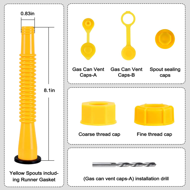 Gas Can Spout Replacement, Gas Can Nozzle Replacement (3 Kits-Yellow). for 1/2/5/10 gallon gas cans. Upgraded replacement gas can spout with flexible nozzle, vent cap, thick rubber pad, spout cover Yellow