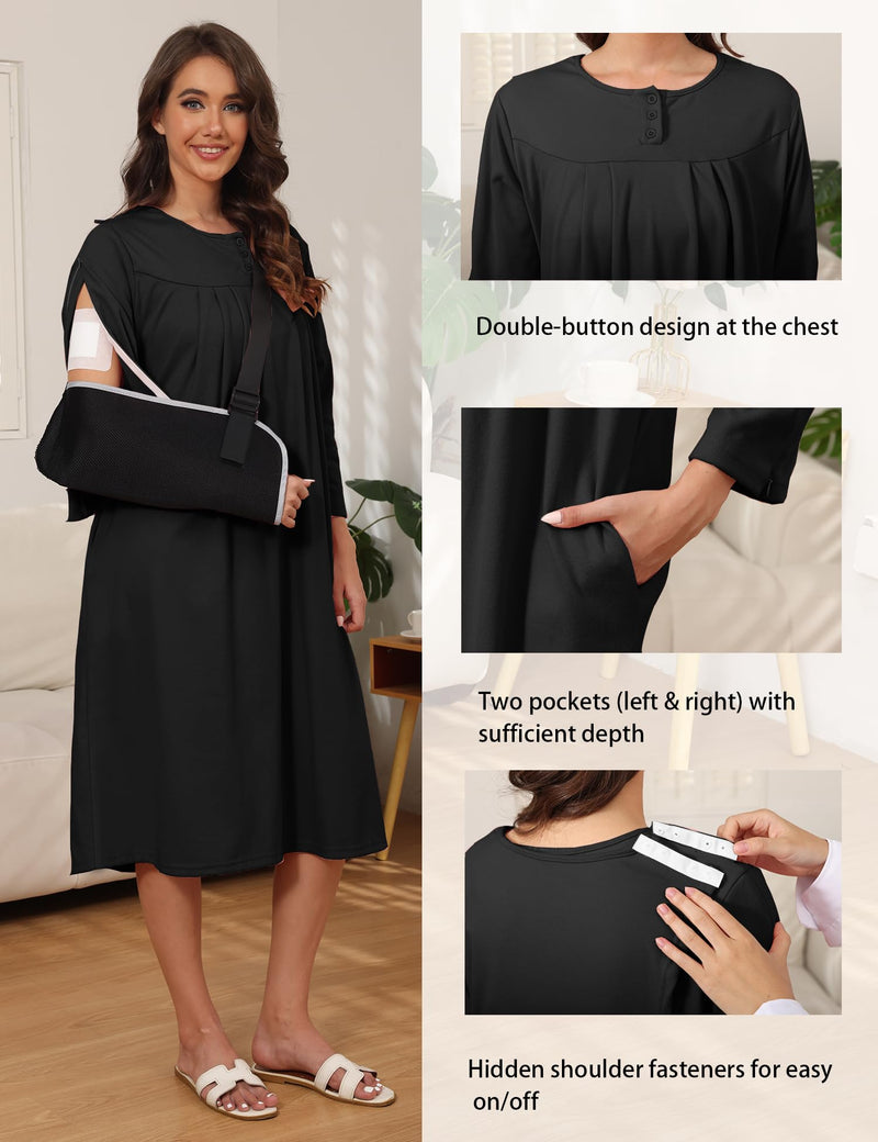 Flannel Hospital Gowns for Women Zipper Open Back Post Shoulder Surgery Dress Thermal 3/4 Sleeve Adaptive Clothing Black X-Large