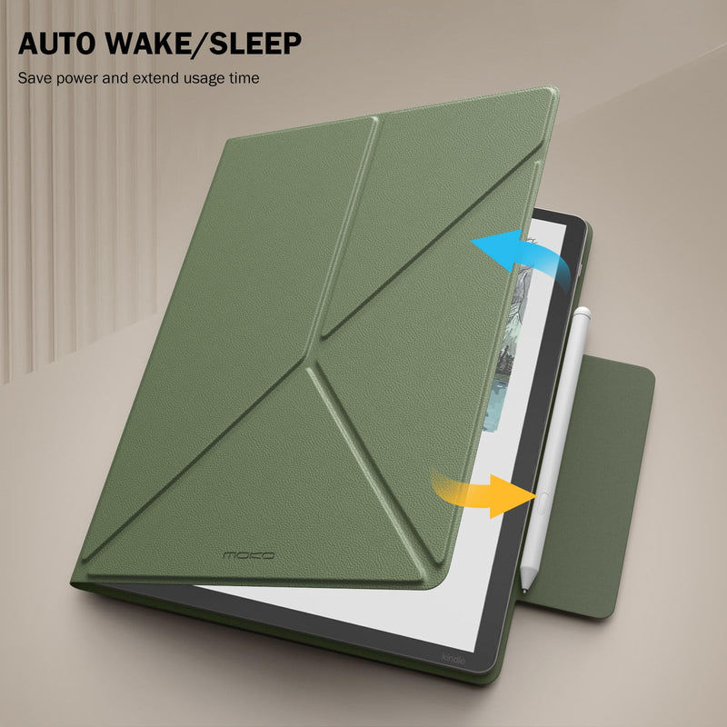 MoKo Magnetic Case for 11" Kindle Scribe& Kindle Scribe Colorsoft 2025/2026 | Slim Lightweight Folio, Multi-Angles Stand, Premium PU Leather Cover with Pen Clasp, Auto Sleep / Wake, Celadon