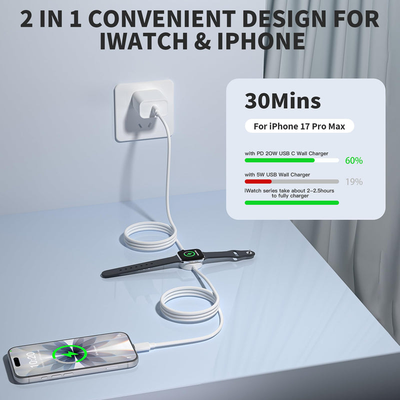 2 in 1 USB C Apple Watch Charger Cable,Apple MFi Certified 2Pack 3.3FT Fast Magnetic USB C Charging Cable Compatible with iWatch 11/10/9/8/7/6/5/4/3/2/1,iPhone 17 Pro/17 Air/17/16 Pro Max/16 E/15 Plus White 2