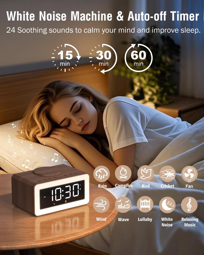 Alarm Clock with Wireless Charging, Bluetooth Speaker, White/Brown Noise Sound Machine Night Light, Wooden Digital Alarm Clocks for Bedrooms, Wireless Charger for iPhone, Birthday Gifts for Men Women