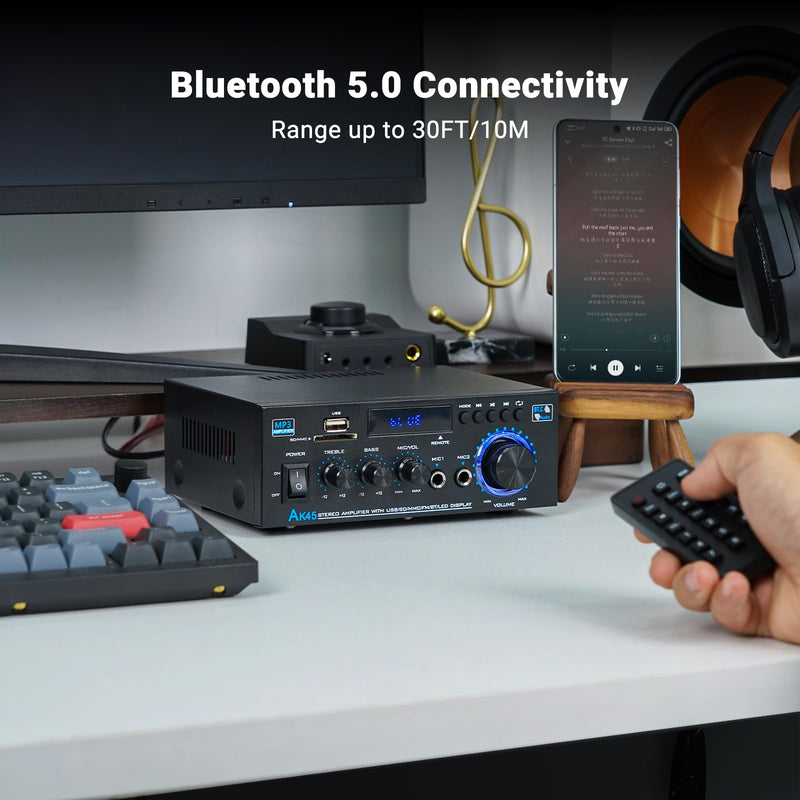 Bluetooth Stereo Receiver &Home Audio Amplifier, 300Wx2 2-Channel for Home Theater & Bookshelf Speakers, w/FM Radio Karaoke, w/USB/SD/RCA/MIC/FM in, with Remote Control, for Garage Bar Party