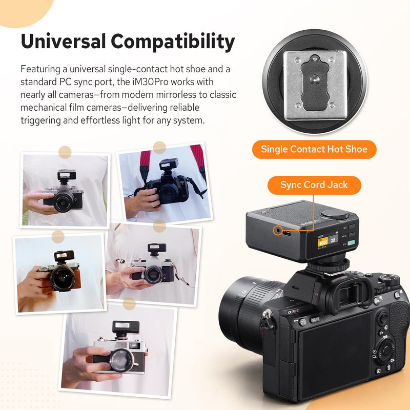 Godox iM30Pro iM30 Pro Mini Camera Flash, GN15 Mini Flash, AUTO/Manual Mode | 550 Full-Power Flashes, 1.5s Recycle Time, HD Color Screen, Built in Lithium Battery, Tiltable Head, Single-Contact Hotshoe