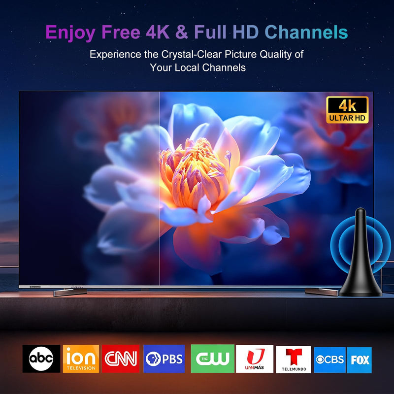 TV Antenna for Smart TV, Indoor Antenna for Local Channels, Long Range Reception, Supports 4K 1080p HD, Amplified Signal Booster, 9.84FT Coax Cable, Easy Installation ANT-CS8088