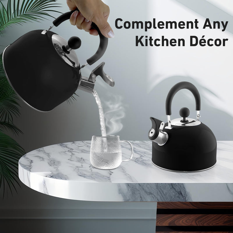 Lily's Home 2 Quart Stainless Steel Whistling Tea Kettle, the Perfect Stovetop Tea and Water Boilers for Your Home, Dorm, Condo or Apartment. (Black) Black(2 Quarts)