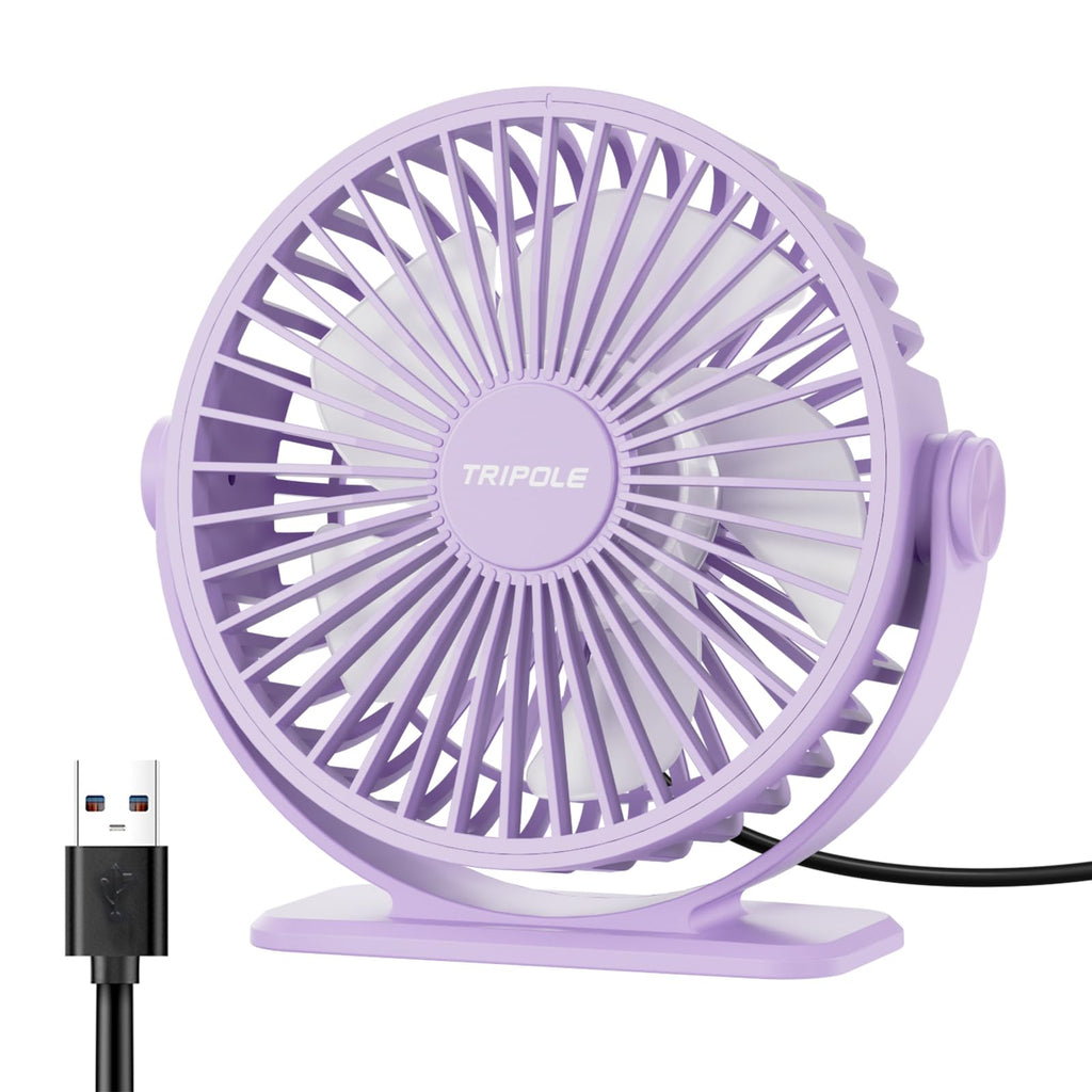 TriPole Desk Fan USB Powered Small Portable Fan, 3 Speeds Adjustable Strong Breeze Mini Personal Fan, 360° Rotation Quiet Plug In USB Fan for Desktop Bedroom Office Table Travel, Purple, 4.9ft Cable