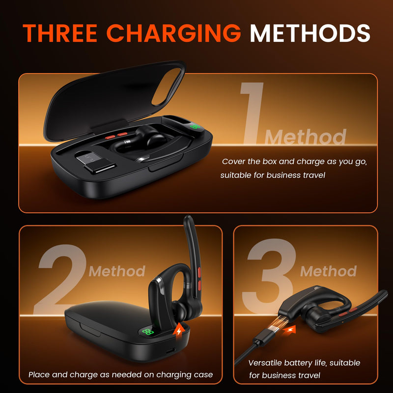 Bluetooth Headset V5.3, Wireless Headset with Dual Noise-Canceling Mics, Portable Charging Case, 300H Standby Time, Hands Free Headphones for PC/Cell Phones, Trucker/Office/Work Black