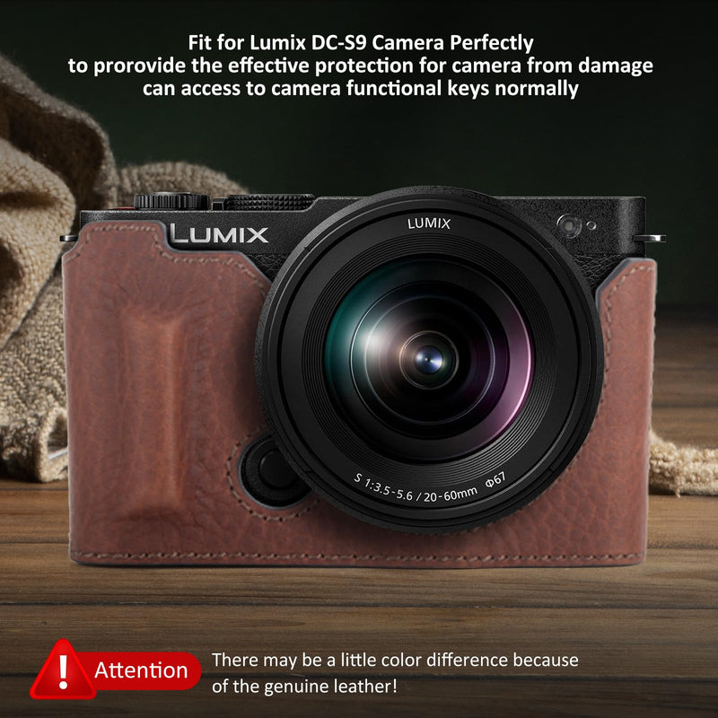 MUZIRI KINOKOO Half Case Compatible for Panasonic Lumix DC-S9 Camera, Genuine Leather Protective Cover for Lumix S9 Mirrorless Camera - with Opening Bottom and Hand Grip Design - Brown