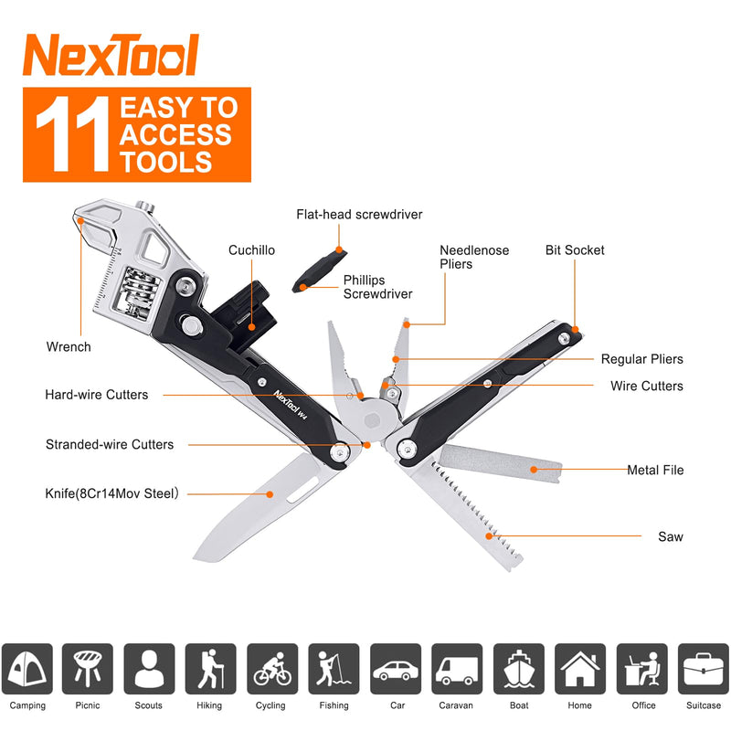 NexTool W4 Adjustable Ratchet Wrench Multitool, 11-IN-1 Foldable EDC Tool with Pliers, Knife, Saw and Screwdriver, Multi Tool for Camping, DIY, and Gifts for Him Full Size
