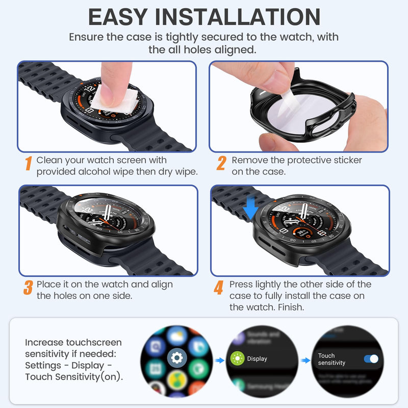 Tensea 2P for Samsung Galaxy Watch Ultra 2 2026 Screen Protector Case 47mm | Protective Face Cover for 47 mm Accessories, Hard Bumper Built-in Tempered Glass Film for Women Men Matte Black Galaxy Watch Ultra 2-47mm