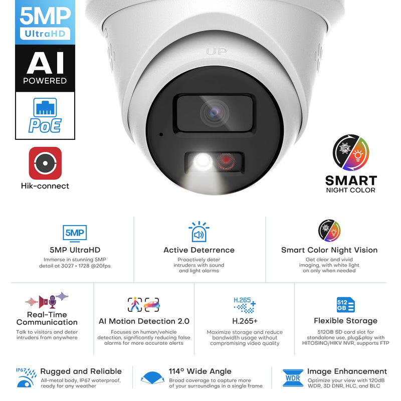 5MP Outdoor PoE IP Turret Camera, Sound & Light Alarm, Active Deterrence, Smart Color Night Vision (98ft), 2-Way Audio, AI Human/Vehicle Detection, Full Metal IP67, 115°Wide Angle, 120dB WDR White - 5MP Active Deterrence