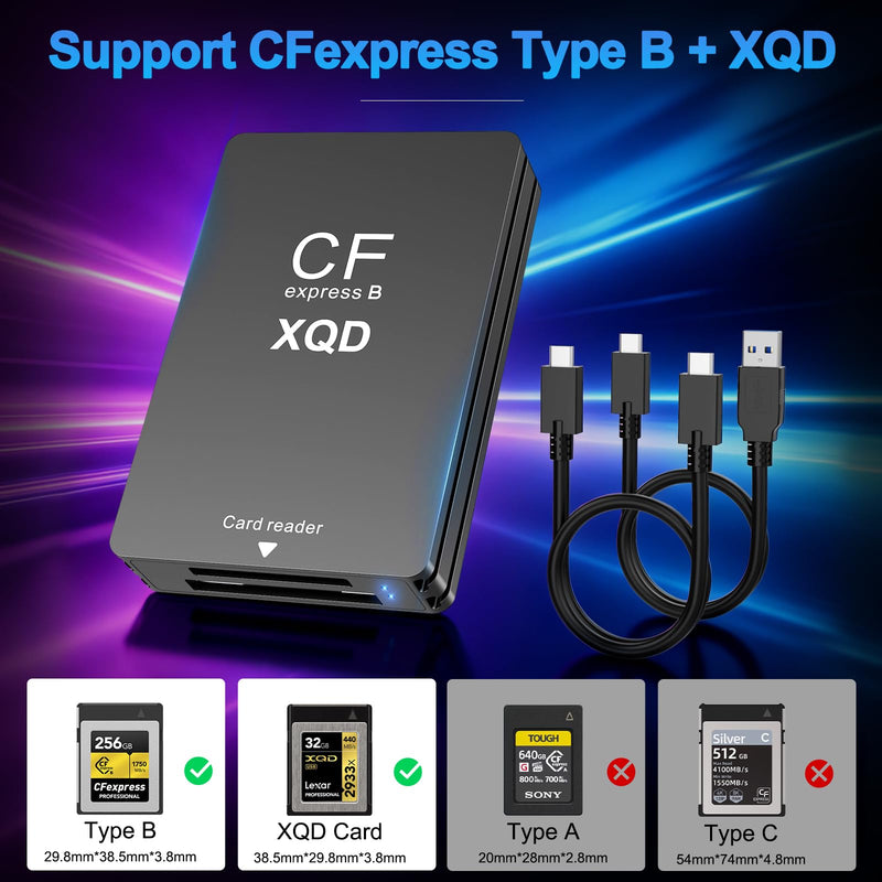 3 in 1 CFexpress Type B & XQD & SD Card Reader 10Gbps USB3.1 Gen2, Aluminum Typ B CFexpress Adapter Camera External Memory Card Reader Support Windows/Mac OS/Linux/Android with USB-A/USB-C Cable,Black Black