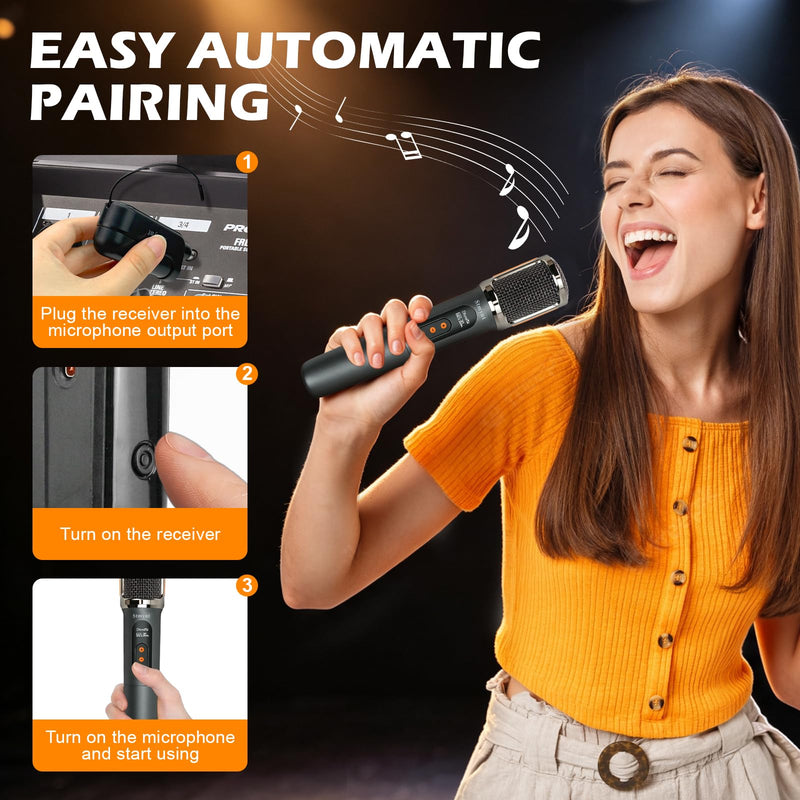 Upgraded Wireless Rechargeable Microphone, 2.4Ghz Cordless Handheld Microphone with 328FT Long Range, USB-C Charging Port 25 Hours Working Time Microphone for Karaoke Singing Speech Wedding DJ